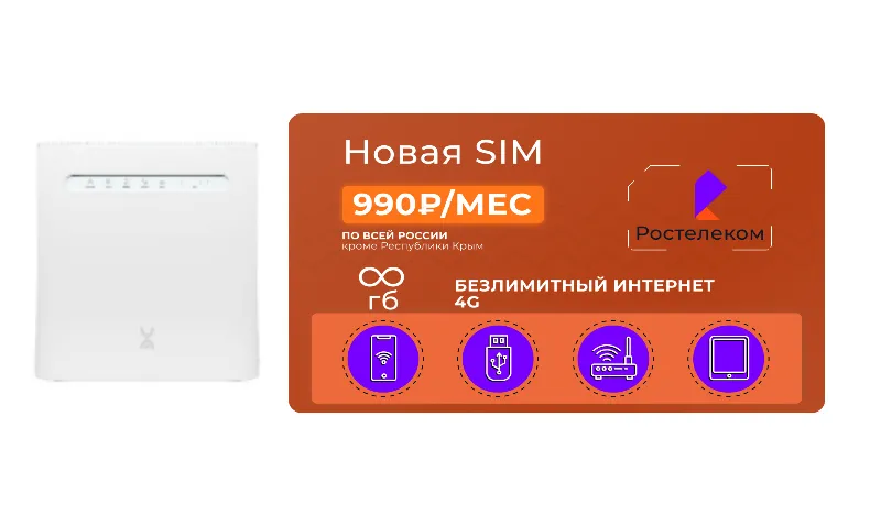 Комплект: Стационарный WiFi роутер ZTE MF286 Cat.6 с сим-картой Ростелеком безлимит в 4G 990 руб/мес
